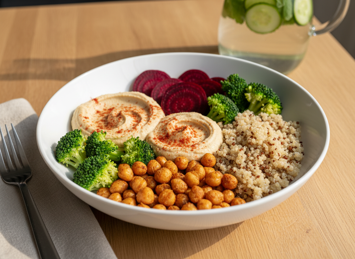 A large, shallow white porcelain bowl brimming with a nourishing vegan Buddha bowl: roasted chickpeas with a light golden crisp, jewel-toned beet slices, steamed bright-green broccoli, creamy hummus topped with paprika, and fluffy quinoa with visible grains. The bowl sits on a smooth, light oak table with a folded linen napkin and a simple stainless-steel fork nearby. Background elements include a blurred glass carafe of infused water with floating cucumber and mint. Late afternoon natural light streams from the side, creating soft highlights on the vegetables and a calm, inviting mood. Photographic realism with a three-quarter overhead angle and rule-of-thirds composition communicates balanced, evidence-informed plant-based nutrition.