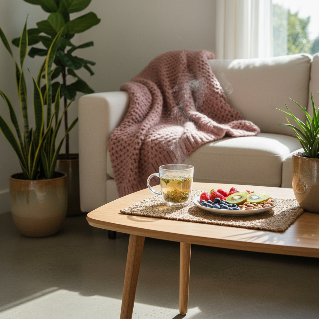 A cozy yet modern living-room corner illustrating a balanced vegan lifestyle: a low, light-wood coffee table holds a steaming cup of herbal tea in a clear glass mug and a small plate of cut fresh fruit and nuts. A plush, neutral-colored sofa with a folded knitted throw sits in the background, accompanied by two thriving indoor plants in ceramic pots, leaves catching the light. Large windows out of frame allow soft, late-morning daylight to bathe the scene, casting gentle, elongated shadows and creating a peaceful glow. Photographic realism, shot at eye level with shallow depth of field, focuses on the table while the rest softly blurs, evoking calm, wellbeing, and sustainable living.